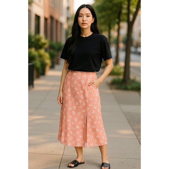 Dip Pink Floral Midi Skirt XL Side Zip Lined Elastic Waist Excellent - Picture 1 of 7